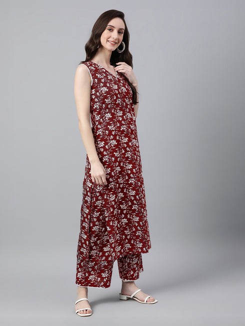 Maroon Pure Cotton Floral Printed A-Line Co-Ord Set